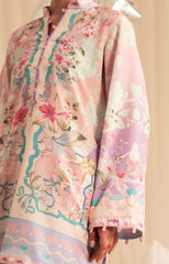 Floral patterned kimono-style garment with colorful design on a beige background